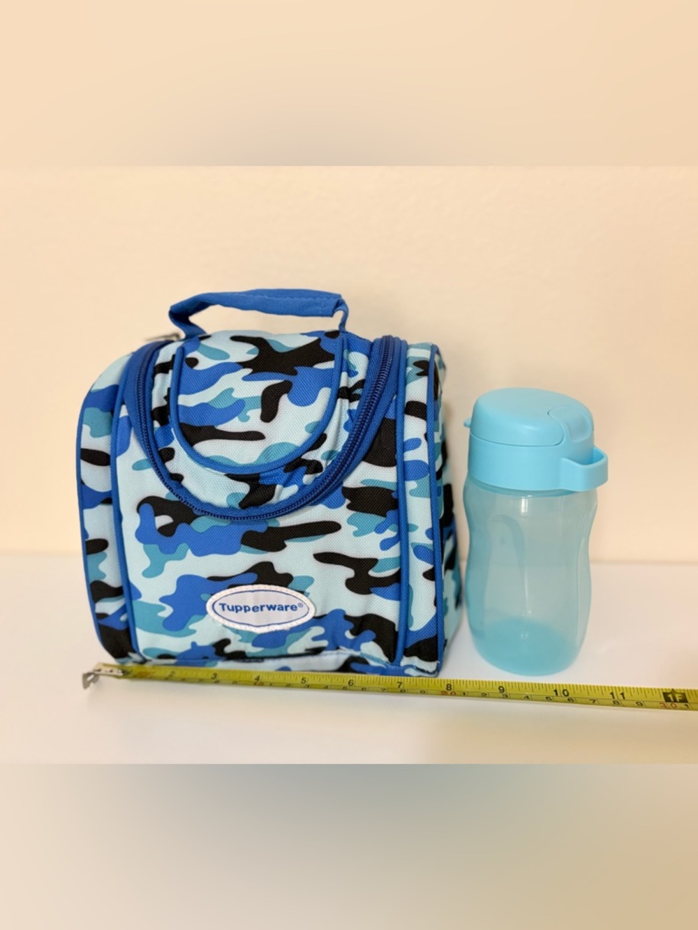 Tupperware Kids lunchbag in Blue Camouflage and 310 ml Slim flip 
Water Bottle